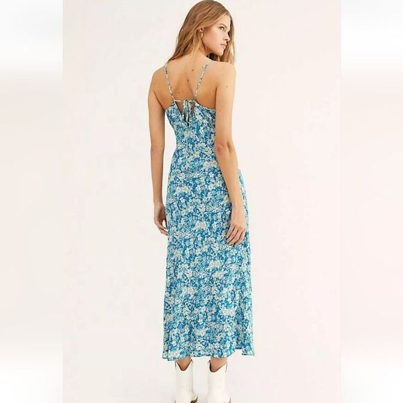 New Free People Bon Voyage Floral Print Woven Midi Dress In Blue Combo Size M - Picture 2 of 9